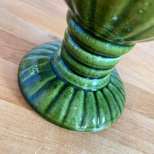 Load image into Gallery viewer, Large green vintage scalloped urn shaped pedestal planter with scalloped foot and ringed pedestal with wedge bottom. Unmarked.  In great vintage condition, 1 minor pinhole in the glaze on the size. Otherwise, no chips/cracks.  Measures 6 x 8 1/2 inches
