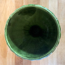 Load image into Gallery viewer, Large green vintage scalloped urn shaped pedestal planter with scalloped foot and ringed pedestal with wedge bottom. Unmarked.  In great vintage condition, 1 minor pinhole in the glaze on the size. Otherwise, no chips/cracks.  Measures 6 x 8 1/2 inches
