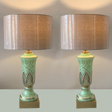 Load image into Gallery viewer, Vintage MCM Hollywood Regency Green Satin Glass Gold Gilt Palm Table Lamps, Carl Falkenstein, USA
