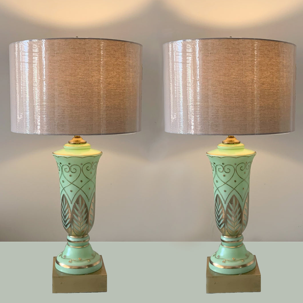 Vintage MCM Hollywood Regency Green Satin Glass Gold Gilt Palm Table Lamps, Carl Falkenstein, USA