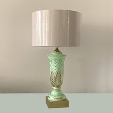 Load image into Gallery viewer, Vintage MCM Hollywood Regency Green Satin Glass Gold Gilt Palm Table Lamps, Carl Falkenstein, USA
