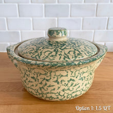 Load image into Gallery viewer, Vintage green spongeware lidded casserole. Robinson Ransbottom Pottery Co., 1990s. Oven-safe and impeccable quality to last for years to come. Bring a touch of charm and character to your farmhouse or cottage kitchen and impress your guests with a stunning oven-to-table presentation.

In excellent used condition, no chips/cracks/repairs, age-related crazing and manufacturer&#39;s glaze pops. Maker&#39;s marks on the bottom.

1.5 Quarts: 9 3/8 x 8 1/4 x 5 3/4 inches 
