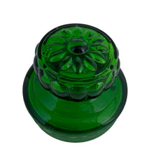 Load image into Gallery viewer, Striking vintage green hand blown art glass apothecary jar with ground lid. The finial on the lid features a flower design. Produced by Takahashi Glass, Japan, circa 1970. Perfect for food storage, or home decor. This fabulously happy colour will liven up any room, especially in a bright window! Good vintage condition with minor flea bite on the inside rim of the lid. Typical manufacturing imperfections in the glass such as bubbles and stringers. Measures 3 3/4 x 13 1/2 inches
