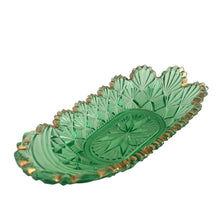 Load image into Gallery viewer, McKee Teutonic green pressed glass pickle dish styled for display, vintage EAPG tableware Toronto

