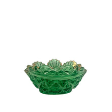 Load image into Gallery viewer, Close-up of narrow end of Teutonic pressed glass pattern on McKee green pickle dish, early American pressed glass detail
