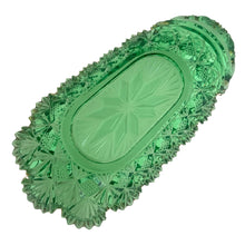 Load image into Gallery viewer, Base of McKee Brothers Teutonic green glass pickle dish showing pressed glass construction, 1905–1920s
