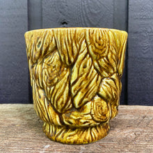 Load image into Gallery viewer, Vintage mid-century green round ceramic planter with bark textured pattern, G-5026. Crafted by Inarco, Japan, 1950s. A sweet planter or decor piece.

In excellent vintage condition, no chips/cracks/repairs. Marked on the bottom.

Measures 4 3/4 x 4 3/4 x 5 4/8 inches
