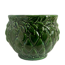 Load image into Gallery viewer, Large vintage TIerra Cushion jardiniere planter pot 1480, deep green shiny glaze, features an overlapping floral leaf pattern around the top rim, a diamond quilted body and ribbon handles. Crafted by McCoy Pottery during the Lancaster Colony Corporation Era, USA, 1974 - 1985. A must-have for any McCoy collector or gardener!

In excellent condition, free from chips, cracks or repairs, with a tiny manufacturer's defect, see photo. Maker's mark is on the bottom. Produced Measures 10 1/4 x 8 3/4 inches
