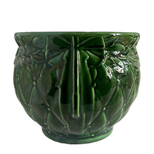 Load image into Gallery viewer, Large vintage TIerra Cushion jardiniere planter pot 1480, deep green shiny glaze, features an overlapping floral leaf pattern around the top rim, a diamond quilted body and ribbon handles. Crafted by McCoy Pottery during the Lancaster Colony Corporation Era, USA, 1974 - 1985. A must-have for any McCoy collector or gardener!

In excellent condition, free from chips, cracks or repairs, with a tiny manufacturer's defect, see photo. Maker's mark is on the bottom. Produced Measures 10 1/4 x 8 3/4 inches
