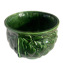 Load image into Gallery viewer, Large vintage TIerra Cushion jardiniere planter pot 1480, deep green shiny glaze, features an overlapping floral leaf pattern around the top rim, a diamond quilted body and ribbon handles. Crafted by McCoy Pottery during the Lancaster Colony Corporation Era, USA, 1974 - 1985. A must-have for any McCoy collector or gardener!

In excellent condition, free from chips, cracks or repairs, with a tiny manufacturer's defect, see photo. Maker's mark is on the bottom. Produced Measures 10 1/4 x 8 3/4 inches
