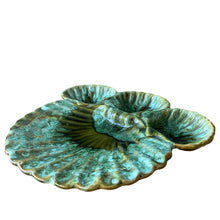 Load image into Gallery viewer, Vintage turquoise green drip glaze clamshell serving platter. Crafted by California Pottery, USA, 1950s. A lovely platter for serving your favourite seafood and accompanyments.

In excellent condition, no chips, cracks or repairs.

Measures 13 3/4 x 14 inches
