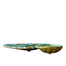 Load image into Gallery viewer, Vintage turquoise green drip glaze clamshell serving platter. Crafted by California Pottery, USA, 1950s. A lovely platter for serving your favourite seafood and accompanyments.

In excellent condition, no chips, cracks or repairs.

Measures 13 3/4 x 14 inches
