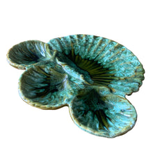 Load image into Gallery viewer, Vintage turquoise green drip glaze clamshell serving platter. Crafted by California Pottery, USA, 1950s. A lovely platter for serving your favourite seafood and accompanyments.

In excellent condition, no chips, cracks or repairs.

Measures 13 3/4 x 14 inches
