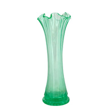Load image into Gallery viewer, Vintage uranium art glass swung flower vase with a lovely ruffled rim. Crafted by Fenton Art Glass, USA, 1930s. Glows brilliantly when exposed to black light. Perfect for the swung, uranium or Fenton glass collector!

In very good vintage condition, no chips, cracks, or repairs, hard water marks consistent with age.

Measures 3 3/4 x 9 5/8 inches
