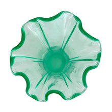 Load image into Gallery viewer, Vintage uranium art glass swung flower vase with a lovely ruffled rim. Crafted by Fenton Art Glass, USA, 1930s. Glows brilliantly when exposed to black light. Perfect for the swung, uranium or Fenton glass collector!

In very good vintage condition, no chips, cracks, or repairs, hard water marks consistent with age.

Measures 3 3/4 x 9 5/8 inches
