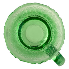Load image into Gallery viewer, Jacks Daughter of All Trades Vintage Antique Mid-Century Kitsch Store Shop Reseller Etsy Shopify Toronto Canada Free Porch Pick Up Local Delivery Worldwide Shipping Judy Weinberg Unique Housewarming Gift Sustainable Gift Wedding Gift Home Decor Collectible Collector Gift Farmhouse Cottagecore Cottage Shabby Chic Industrial Florentine 1 green uranium depression era glass 36oz pitcher scalloped foot glows under black light UV reactive  Hazel-Atlas Glass 1930s tableware
