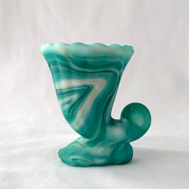 Vintage marbleized slag glass cornucopia horn in swirled shades of white and green. Produced by the Imperial Glass, circa 1940s. A lovely piece for to use as a bud vase, toothpick holder or upscale your office and use this as a paperclip holder.  In good vintage condition, free from chips/cracks. Unmarked. Imperial Glass sticker.  Measures 3 x 2 1/2 x 3 1/8 inches