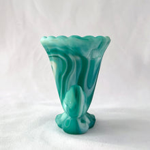 Load image into Gallery viewer, Vintage marbleized slag glass cornucopia horn in swirled shades of white and green. Produced by the Imperial Glass, circa 1940s. A lovely piece for to use as a bud vase, toothpick holder or upscale your office and use this as a paperclip holder.  In good vintage condition, free from chips/cracks. Unmarked. Imperial Glass sticker.  Measures 3 x 2 1/2 x 3 1/8 inches
