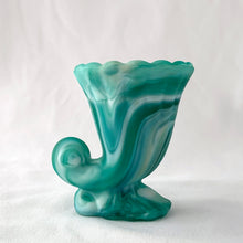Load image into Gallery viewer, Vintage marbleized slag glass cornucopia horn in swirled shades of white and green. Produced by the Imperial Glass, circa 1940s. A lovely piece for to use as a bud vase, toothpick holder or upscale your office and use this as a paperclip holder.  In good vintage condition, free from chips/cracks. Unmarked. Imperial Glass sticker.  Measures 3 x 2 1/2 x 3 1/8 inches
