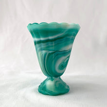 Load image into Gallery viewer, Vintage marbleized slag glass cornucopia horn in swirled shades of white and green. Produced by the Imperial Glass, circa 1940s. A lovely piece for to use as a bud vase, toothpick holder or upscale your office and use this as a paperclip holder.  In good vintage condition, free from chips/cracks. Unmarked. Imperial Glass sticker.  Measures 3 x 2 1/2 x 3 1/8 inches
