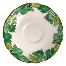 Load image into Gallery viewer, Vintage Chrysanthemum fine bone china teacup and saucer featuring flowers in shades of green and gold gilt trim. Crafted by Paragon, England, 1923-33. A lovely way to enjoy a cuppa tea!

In excellent condition, no chips, cracks or repairs. Maker&#39;s mark on the bottom.

Measures 4 x 2 3/8 inches | Saucer measures 5 1/2 inches
