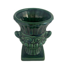 Load image into Gallery viewer, Vintage mid-century green pedestal urn shaped vase with handles and ribbed pattern. Crafted by Beauce, Canada, 1960s. This lovely vase is must for any art pottery collector!

In excellent condition, no chips/cracks/repairs, crazing commensurate with age, typical manufacturing glaze pops. Maker&#39;s mark on the bottom.

Measures 4 x 5 1/2 inches
