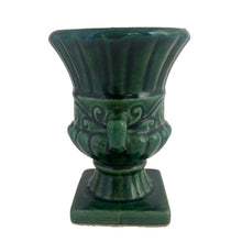 Load image into Gallery viewer, Vintage mid-century green pedestal urn shaped vase with handles and ribbed pattern. Crafted by Beauce, Canada, 1960s. This lovely vase is must for any art pottery collector!

In excellent condition, no chips/cracks/repairs, crazing commensurate with age, typical manufacturing glaze pops. Maker&#39;s mark on the bottom.

Measures 4 x 5 1/2 inches

