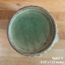 Load image into Gallery viewer, Jacks Daughter of All Trades Vintage Antique Mid-Century Rustic Depression Era Store Shop Reseller Etsy Shopify Toronto Canada Free Porch Pick Up Local Delivery Worldwide Shipping Judy Weinberg Unique Housewarming Sustainable Home Decor Collectible Collector Gift Farmhouse Cottagecore Cottage Grannycore Shabby Chic art deco gloss green Rosella 320 ceramic stoneware yellow ware pitcher climbing roses  basketweave Robinson Clay Product Company Robinson Ransbottom Pottery Co 1900s art pottery
