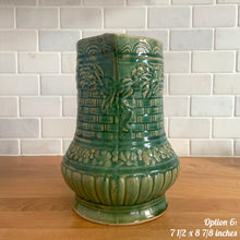 Load image into Gallery viewer, Antique vintage art deco gloss green Rosella 320 ceramic yellow ware pitcher featuring climbing roses on a basketweave pattern. Crafted by Robinson Clay Product Company, the precursor to Robinson Ransbottom Pottery, USA, early 1900s. A beautiful piece to add to your art pottery collection! Option 6, 7 1/2 x 8 7/8 inches. In excellent vintage condition, no chips/cracks/repairs, age-related crazing. Typical manufacturing glaze pops. Unmarked.
