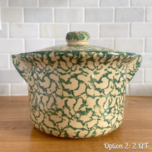 Load image into Gallery viewer, Vintage green spongeware lidded casserole. Robinson Ransbottom Pottery Co., 1990s. Oven-safe and impeccable quality to last for years to come. Bring a touch of charm and character to your farmhouse or cottage kitchen and impress your guests with a stunning oven-to-table presentation.

In excellent used condition, no chips/cracks/repairs, age-related crazing and manufacturer&#39;s glaze pops. Maker&#39;s marks on the bottom.

2 Quarts: 9 5/8 x 8 3/8 x 6 3/4 inches
