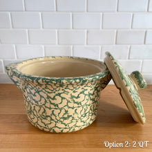 Load image into Gallery viewer, Vintage green spongeware lidded casserole. Robinson Ransbottom Pottery Co., 1990s. Oven-safe and impeccable quality to last for years to come. Bring a touch of charm and character to your farmhouse or cottage kitchen and impress your guests with a stunning oven-to-table presentation.

In excellent used condition, no chips/cracks/repairs, age-related crazing and manufacturer&#39;s glaze pops. Maker&#39;s marks on the bottom.

2 Quarts: 9 5/8 x 8 3/8 x 6 3/4 inches
