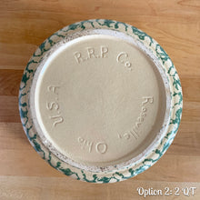 Load image into Gallery viewer, Jacks Daughter of All Trades Vintage Antique Mid-Century Kitsch Store Shop Reseller Etsy Shopify Toronto Canada Free Porch Pick Up Local Delivery Worldwide Shipping Judy Weinberg Unique Housewarming Gift Sustainable Gift Wedding Gift Home Decor Collectible Collector Gift Farmhouse Cottagecore Cottage Lodge Shabby Chic Industrial Vintage 2 quart green spongeware lidded casserole Robinson Ransbottom Pottery Co 1990s Oven-safe quality charm kitchen cooking oven-to-table
