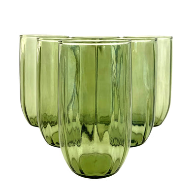 Set of six vintage green optic glass tumblers featuring vertical panels. Maker unknown. A beautiful set of drinkware to adorn your table!

In excellent condition, free from chips/cracks.

Measures 2 1/2 x 4 3/4 inches

Capacity 12 ounces