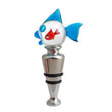 Load image into Gallery viewer, Hand-blown Murano glass fish wine stopper with orange fish inside blue and clear glass, side view
