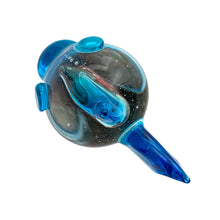 Load image into Gallery viewer, Hand-blown Murano glass fish wine stopper with orange fish inside blue and clear glass, top view
