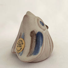 Load image into Gallery viewer, A sweet vintage handmade redware art pottery owl figurine glazed in matte gray ground with blue and brown details. Crafted by Purdy Pottery, Canada, 2000s. A must-have for any owl collector. As the saying goes, good things come in small packages!

Excellent condition, no chips/cracks/repairs. Original sticker.

Measures 2 3/4 x 2 x 2 inches
