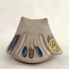 Load image into Gallery viewer, A sweet vintage handmade redware art pottery owl figurine glazed in matte gray ground with blue and brown details. Crafted by Purdy Pottery, Canada, 2000s. A must-have for any owl collector. As the saying goes, good things come in small packages!

Excellent condition, no chips/cracks/repairs. Original sticker.

Measures 2 3/4 x 2 x 2 inches

