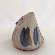 Load image into Gallery viewer, A sweet vintage handmade redware art pottery owl figurine glazed in matte gray ground with blue and brown details. Crafted by Purdy Pottery, Canada, 2000s. A must-have for any owl collector. As the saying goes, good things come in small packages!

Excellent condition, no chips/cracks/repairs. Original sticker.

Measures 2 3/4 x 2 x 2 inches
