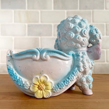 Load image into Gallery viewer, Bring a touch of vintage charm to your space with this anthropomorphic happy lamb planter, featuring soft pastel details, sculpted curls, and delicate floral accents.&nbsp; Crafted by Rubens Originals, Japan, 1950s. This whimsical planter is perfect for adding personality to shelves, windowsills, nurseries or as a baby shower gift.
