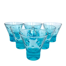 Load image into Gallery viewer, Set of 6 Hazel-Atlas Capri Dots turquoise whisky glasses arranged in a pyramid, elevated front-facing view showing the flared funnel shape, embossed dot pattern and rims, circa 1959–1964
