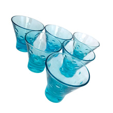 Load image into Gallery viewer, Six Hazel-Atlas Capri Dots turquoise whisky glasses photographed at a diagonal angle, showing the embossed dot texture and solid turquoise base from the side
