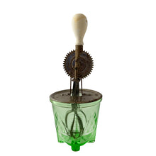 Load image into Gallery viewer, 1920s Hazel-Atlas green uranium depression glass hand beater mixer with wood-handled metal beater, 2-cup capacity
