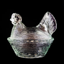 Load image into Gallery viewer, Highly collectible vintage clear pressed glass Hen-on-Nest with split tail, shape 190/I. Crafted by Zabkowice Glassworks, Poland, established in 1880s. This piece was produced in three sizes in the 1920s, with this one as the medium sized version. Grab this fabulous treasure for storing candies, soap or trinkets. Makes a wonderful accent in any farmhouse or shabby chic decor!
