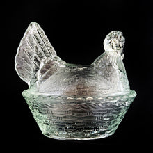 Load image into Gallery viewer, Highly collectible vintage clear pressed glass Hen-on-Nest with split tail, shape 190/I. Crafted by Zabkowice Glassworks, Poland, established in 1880s. This piece was produced in three sizes in the 1920s, with this one as the medium sized version. Grab this fabulous treasure for storing candies, soap or trinkets. Makes a wonderful accent in any farmhouse or shabby chic decor!

