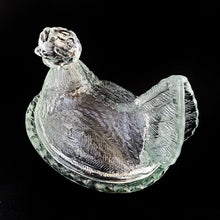 Load image into Gallery viewer, Highly collectible vintage clear pressed glass Hen-on-Nest with split tail, shape 190/I. Crafted by Zabkowice Glassworks, Poland, established in 1880s. This piece was produced in three sizes in the 1920s, with this one as the medium sized version. Grab this fabulous treasure for storing candies, soap or trinkets. Makes a wonderful accent in any farmhouse or shabby chic decor!
