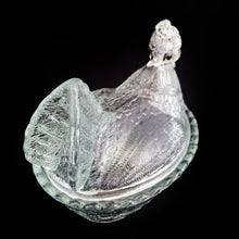 Load image into Gallery viewer, Highly collectible vintage clear pressed glass Hen-on-Nest with split tail, shape 190/I. Crafted by Zabkowice Glassworks, Poland, established in 1880s. This piece was produced in three sizes in the 1920s, with this one as the medium sized version. Grab this fabulous treasure for storing candies, soap or trinkets. Makes a wonderful accent in any farmhouse or shabby chic decor!
