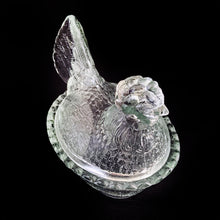 Load image into Gallery viewer, Highly collectible vintage clear pressed glass Hen-on-Nest with split tail, shape 190/I. Crafted by Zabkowice Glassworks, Poland, established in 1880s. This piece was produced in three sizes in the 1920s, with this one as the medium sized version. Grab this fabulous treasure for storing candies, soap or trinkets. Makes a wonderful accent in any farmhouse or shabby chic decor!

