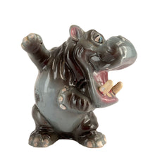 Load image into Gallery viewer, Vintage mid-century anthropomorphic hippopotamus ceramic shaker with cork stopper. Kreiss, Japan 1950s. Add this adorable and highly collectible shaker to your collection!

In excellent vintage condition, no chips/cracks/repairs. Maker's mark on bottom.

Measures 3 3/4 x 2 3/4 x 4 inches
