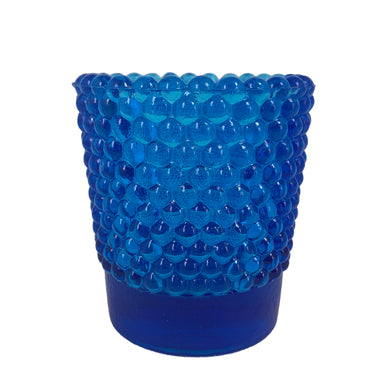 Adorable vintage hobnail bubble patterned blue glass votive candle or toothpick holder. A sweet piece of boho style to add to your home's decor!  In excellent condition, free from chips. Unmarked. Original Eaton's Department Store price sticker. Circa 1970s.  Measures 2 1/4 x 2 1/2 inches