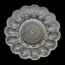 Load image into Gallery viewer, Vintage clear &quot;Hobnail&quot; pressed glass devilled egg plate featuring holders for 15 eggs and a central flat area for condiments, Indiana Glass, USA. Add some sparkle to your entertaining with this charming serving plate. Excellent condition, free from chips. Measures 11 1/4 inches
